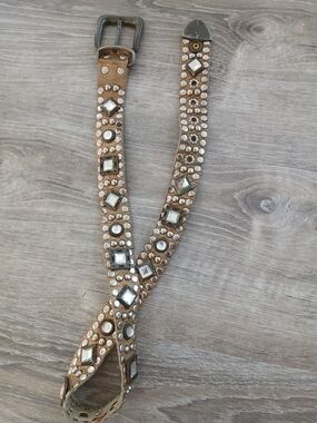 Vintage Beige Studded Leather Belt with Mirror Studs